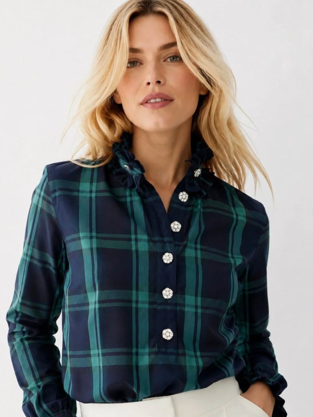 J.Crew ruffleneck popover in Black Watch tartan with jewel buttons - 8